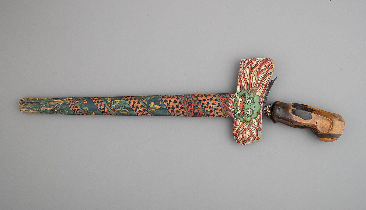 Kris with Sheath, Steel, pelet wood (possibly kajoe), brass, polychromy, Balinese