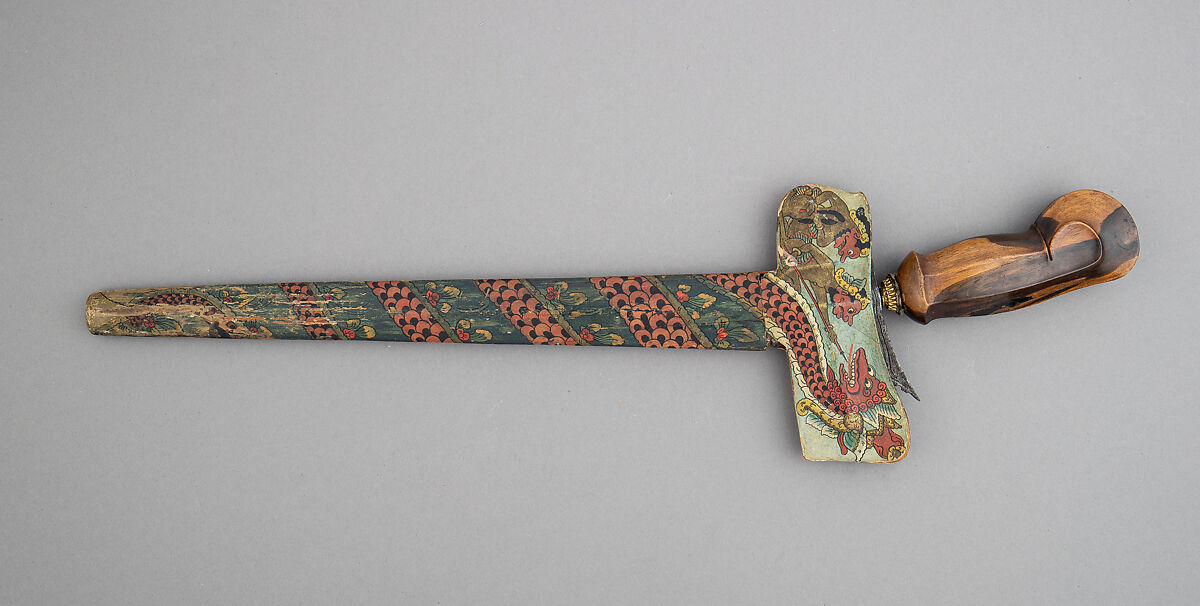 Kris with Sheath, Steel, pelet wood (possibly kajoe), brass, polychromy, Balinese