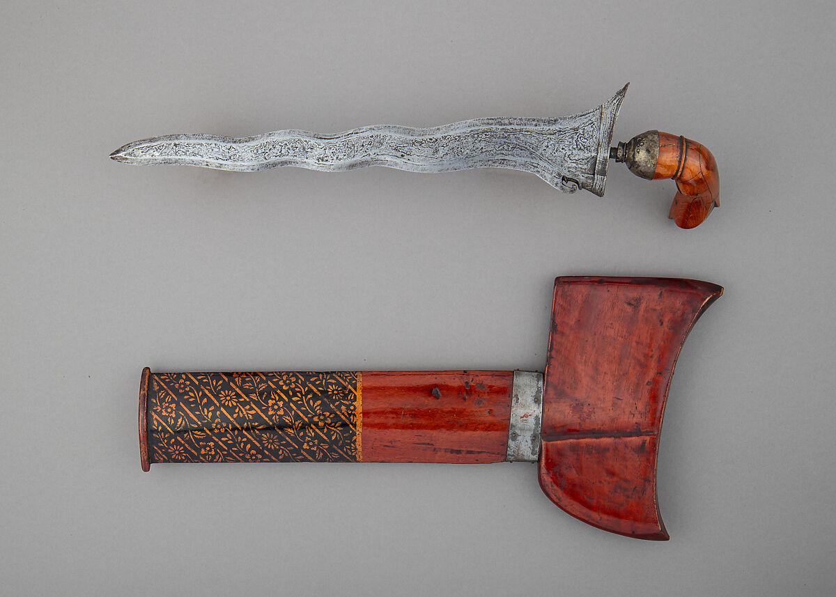 Kris with Sheath, Steel, wood, silver, pigment, Indonesian, Sulawesi