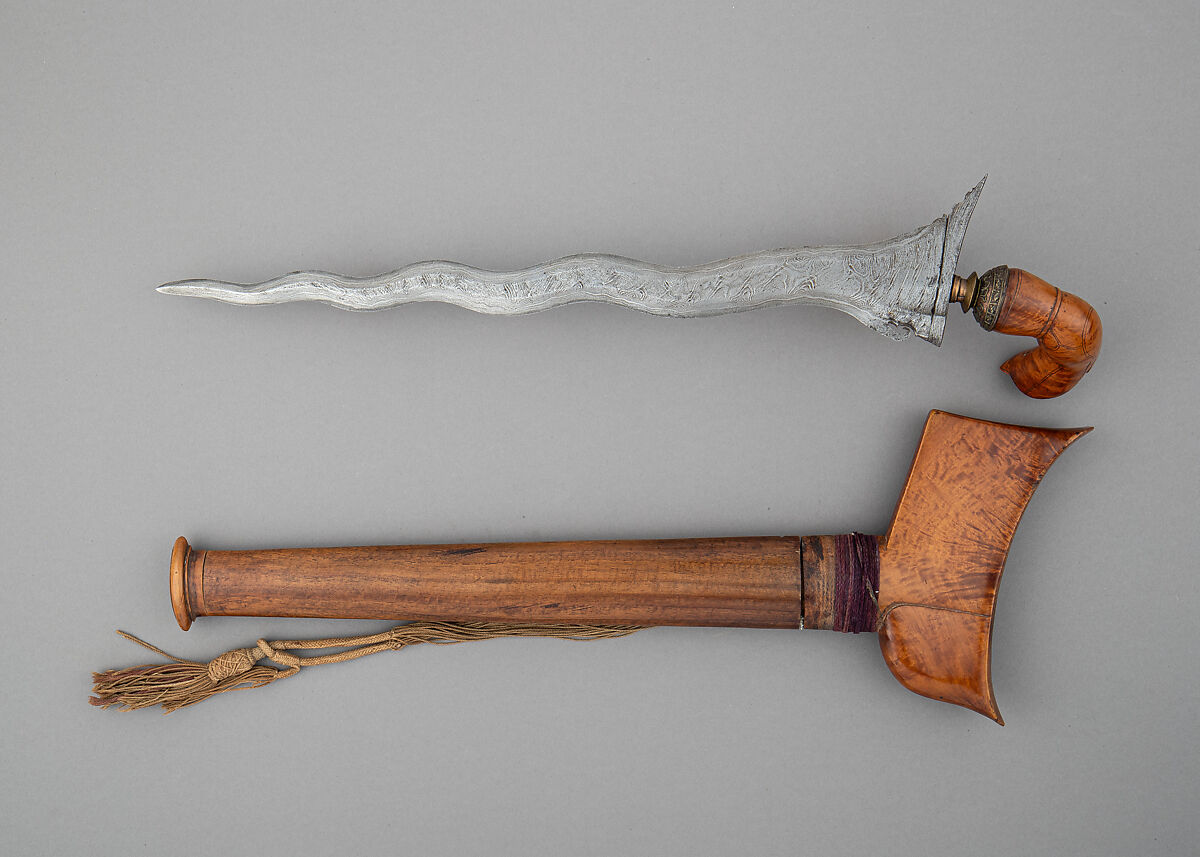 Kris with Sheath, Steel, wood, textile, copper alloy, Indonesian, Sulawesi