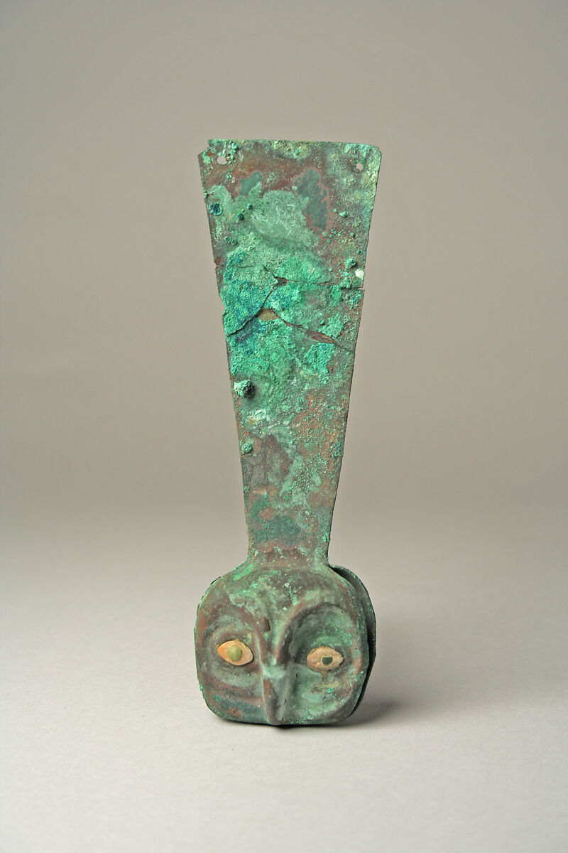 Owl Tab Ornament, Silvered copper, shell, stone, Moche 