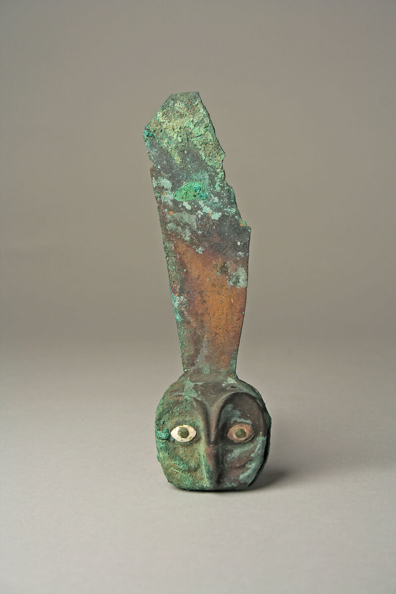 Owl Tab Ornament, Silvered copper, shell, stone, Moche 