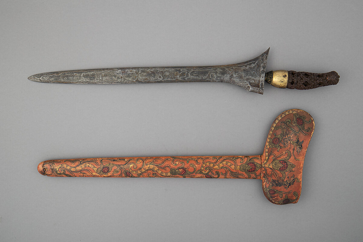 Kris with Sheath, Steel, wood, silver, gold. polychromy, Knife, Madurese, grip, Javanese, possibly Balinese