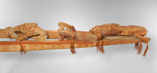 Wuramon (spirit canoe), Asmat artist(s), Wood, paint, sago palm leaves, seeds, cassowary feathers, Asmat peoples