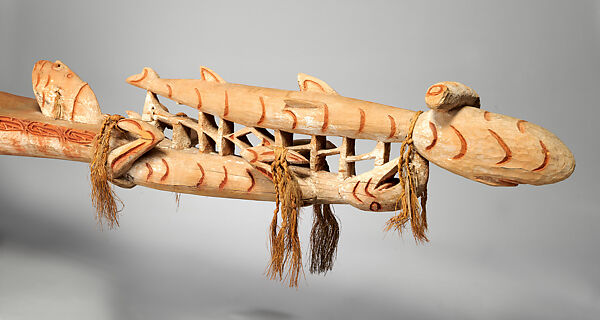 Wuramon (spirit canoe), Asmat artist(s), Wood, paint, sago palm leaves, seeds, cassowary feathers, Asmat peoples