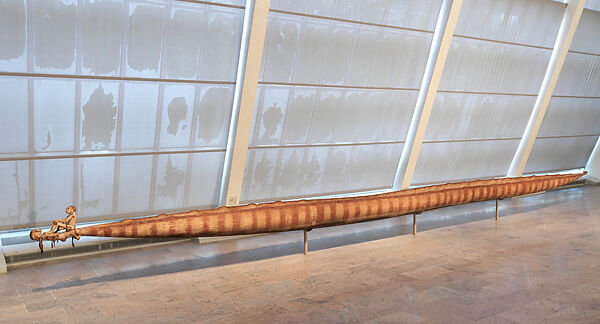 Wuramon (spirit canoe), Asmat artist(s), Wood, paint, sago palm leaves, seeds, cassowary feathers, Asmat peoples