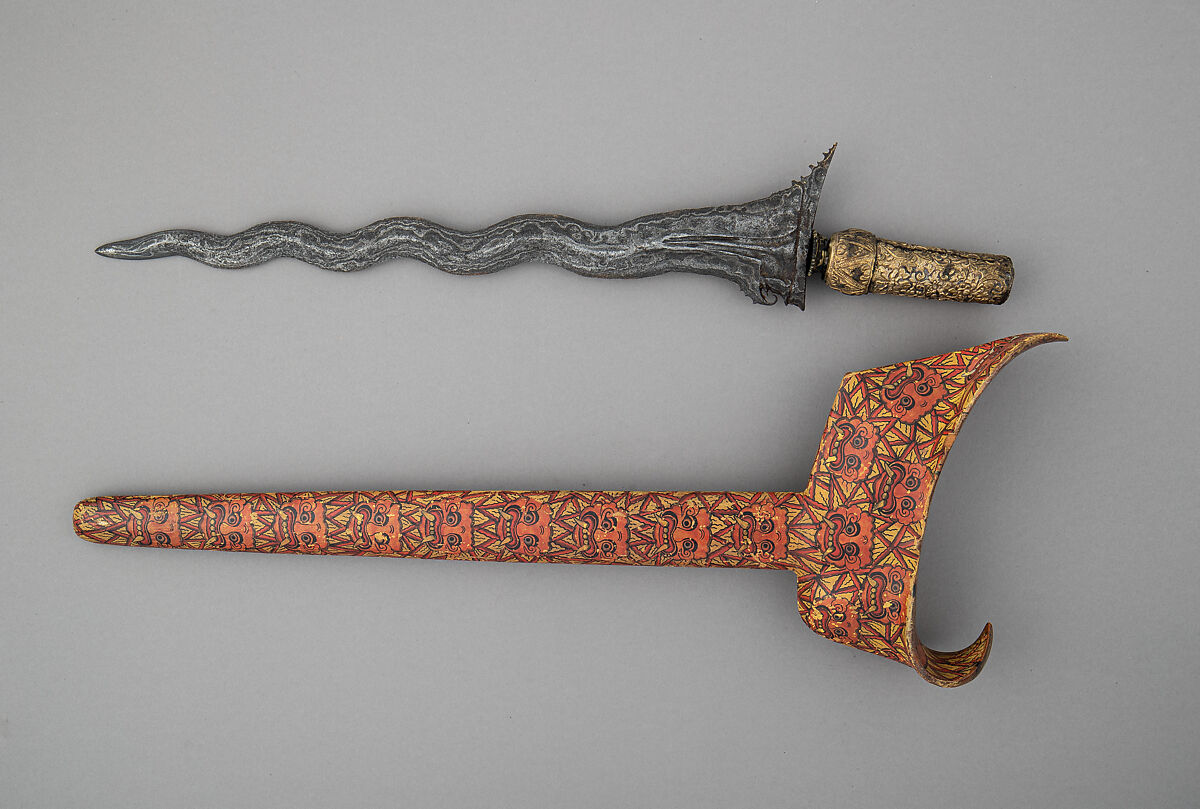 Kris with Sheath, Steel, wood, polychromy, brass, Madurese