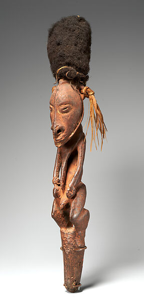Flute Stopper, Wood, paint, human hair, fiber, Biwat people
