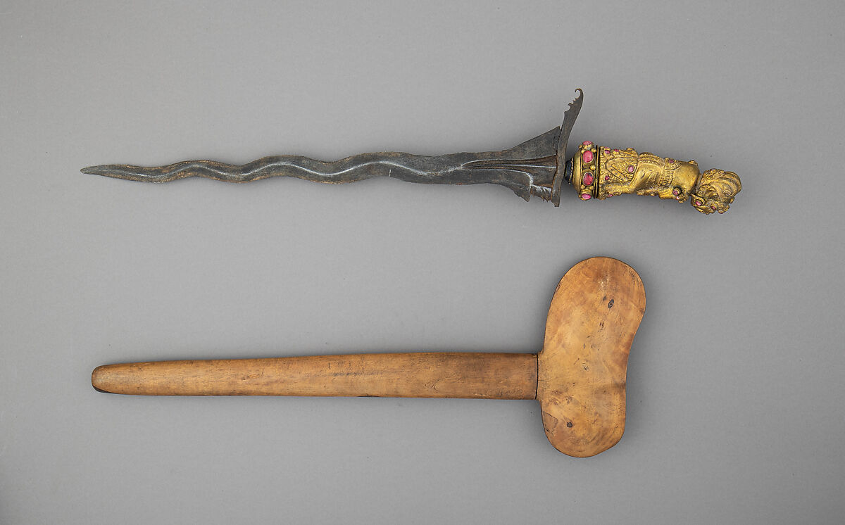 Kris with Sheath, Steel, pelet wood (possibly kajoe), gold, semiprecious stones, copper alloy, Balinese