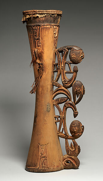 Drum, Asmat artist, Wood, paint, lizard skin, fiber, coix seeds, cassowary feathers, Asmat 