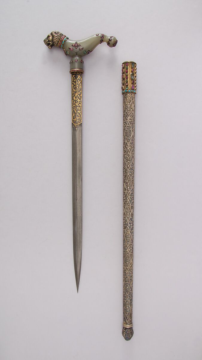 Crutch Dagger (Zafar Takieh, "Cushion of Victory") with Sheath, Steel, silver, gold, jade, ruby, turquoise, emerald, Indian, Mughal