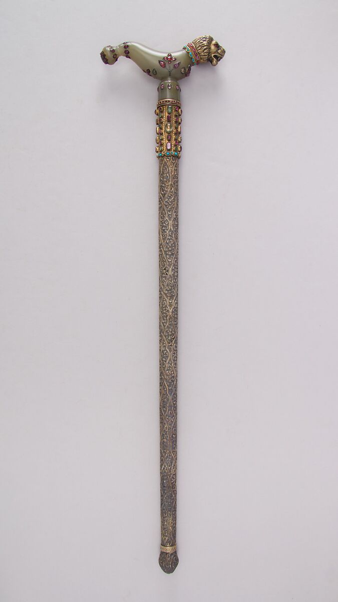 Crutch Dagger (Zafar Takieh, "Cushion of Victory") with Sheath, Steel, silver, gold, jade, ruby, turquoise, emerald, Indian, Mughal
