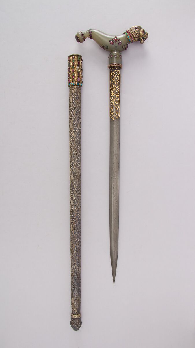 Crutch Dagger (Zafar Takieh, "Cushion of Victory") with Sheath, Steel, silver, gold, jade, ruby, turquoise, emerald, Indian, Mughal 