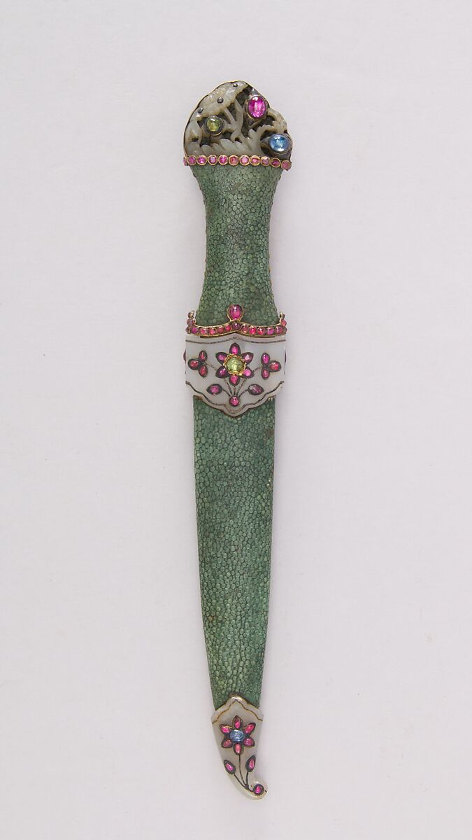 Dagger with Sheath, Steel, skin (shark), jade, gold, ruby, emerald, sapphire, gemstone, silver, Indian