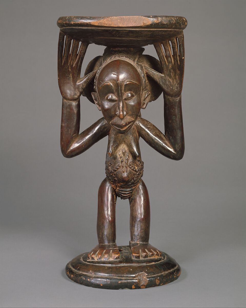 Royal Seat (Lupona): Female Caryatid, Buli Master, possibly Ngongo ya Chintu (Hemba, ca. 1810-1870)  Democratic Republic of Congo, Wood, metal studs, Luba or Hemba peoples