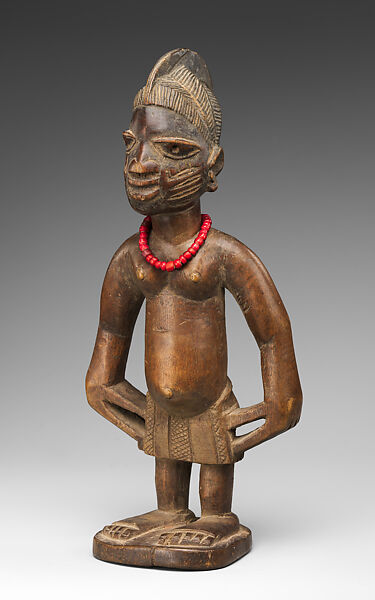 Twin Figure: Male (Ibeji), Workshop of Onipasinobe (Nigerian, Yoruba, Egbado or Ibarapa or Egba group), Wood, beads, camwood powder