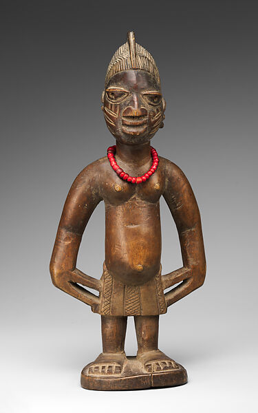 Twin Figure: Male (Ibeji), Workshop of Onipasinobe (Nigerian, Yoruba, Egbado or Ibarapa or Egba group), Wood, beads, camwood powder 