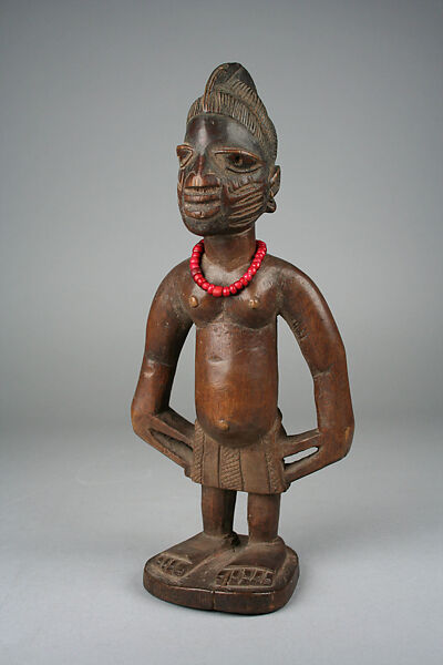 Twin Figure: Male (Ibeji), Workshop of Onipasinobe (Nigerian, Yoruba, Egbado or Ibarapa or Egba group), Wood, beads, camwood powder