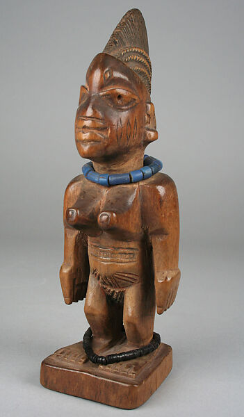 Twin Figure: Female (Ibeji), Wood, beads, camwood powder, Yoruba peoples, Egbado group 
