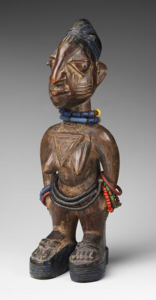 Twin Figure: Female (Ibeji), Yoruba artist, Wood, beads, camwood powder, pigment, Yoruba peoples