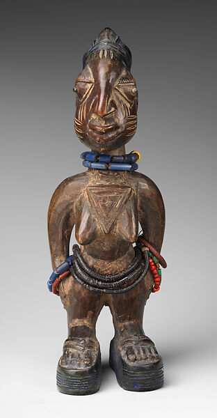 Twin Figure: Female (Ibeji), Wood, beads, camwood powder, pigment, Yoruba peoples 