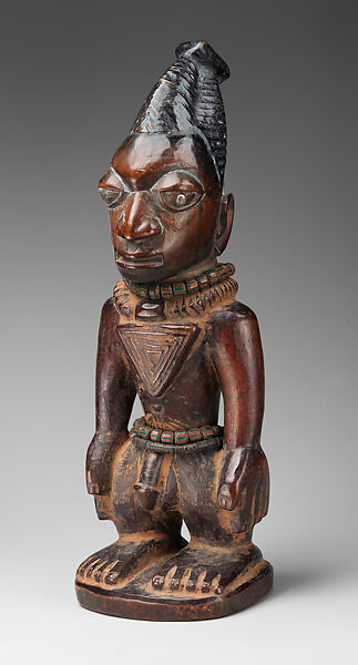 Twin Figure: Male (Ibeji), Ekiti-Yoruba artist, Wood, beads, camwood powder, nails, indigo pigment, Ekiti-Yoruba peoples