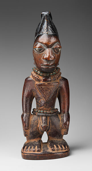 Twin Figure: Male (Ibeji), Wood, beads, camwood powder, nails, indigo pigment, Yoruba peoples, Ekiti group 