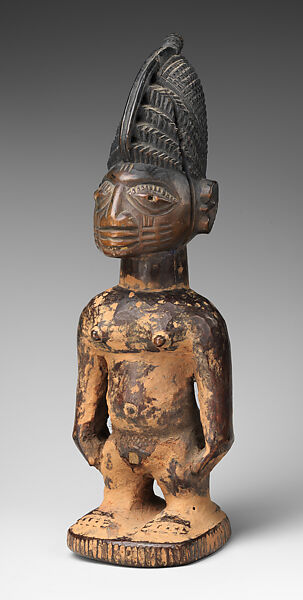 Twin Figure: Male (Ibeji), Oyo-Yoruba artist, Wood, camwood powder, pigment, Oyo-Yoruba peoples