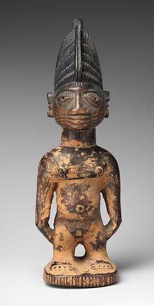 Twin Figure: Male (Ibeji), Wood, camwood powder, pigment, Yoruba peoples, Oyo group 