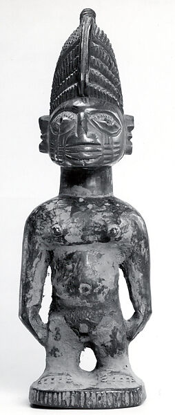 Twin Figure: Male (Ibeji), Oyo-Yoruba artist, Wood, camwood powder, pigment, Oyo-Yoruba peoples