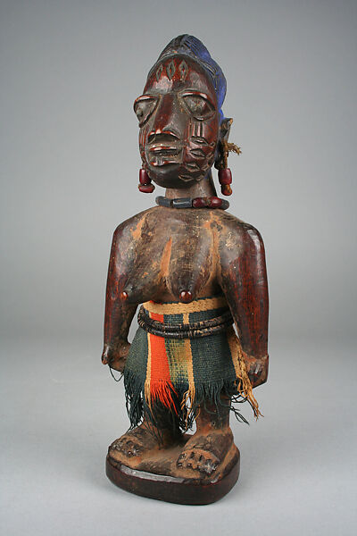 Twin Figure: Female (Ibeji), Wood, beads, cotton cloth, blueing, camwood powder, Yoruba peoples, Egbado or Ibarapa group 