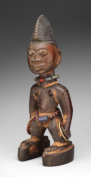 Twin Figure: Female (Ibeji), Oyo-Yoruba artist, Wood, beads, metal, kaolin, camwood powder, Oyo-Yoruba peoples