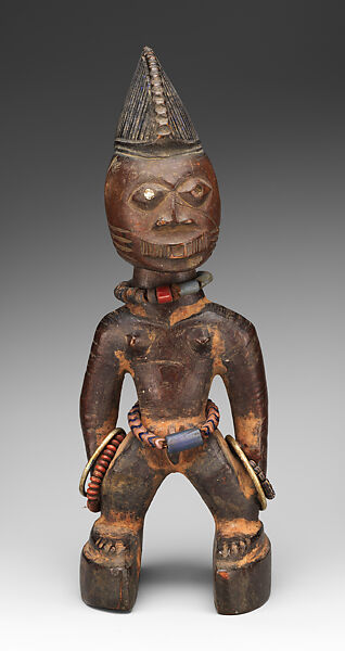 Twin Figure: Female (Ibeji), Wood, beads, metal, kaolin, camwood powder, Yoruba peoples, Oyo group 