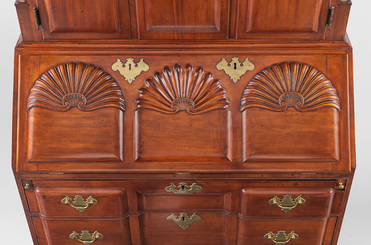 Desk and bookcase, Mahogany, chestnut, white pine, yellow pine, yellow poplar, cedar; brass, American
