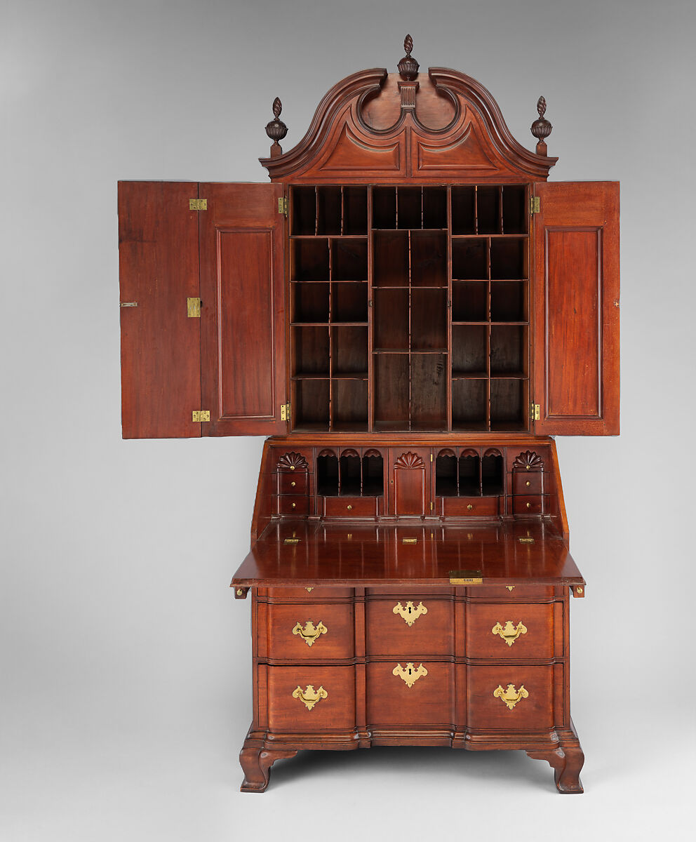 Desk and bookcase, Mahogany, chestnut, white pine, yellow pine, yellow poplar, cedar; brass, American