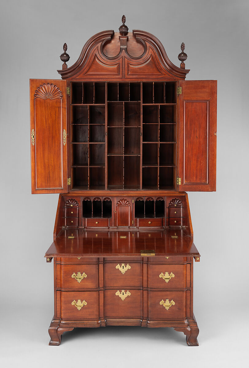 Desk and bookcase, Mahogany, chestnut, white pine, yellow pine, yellow poplar, cedar; brass, American