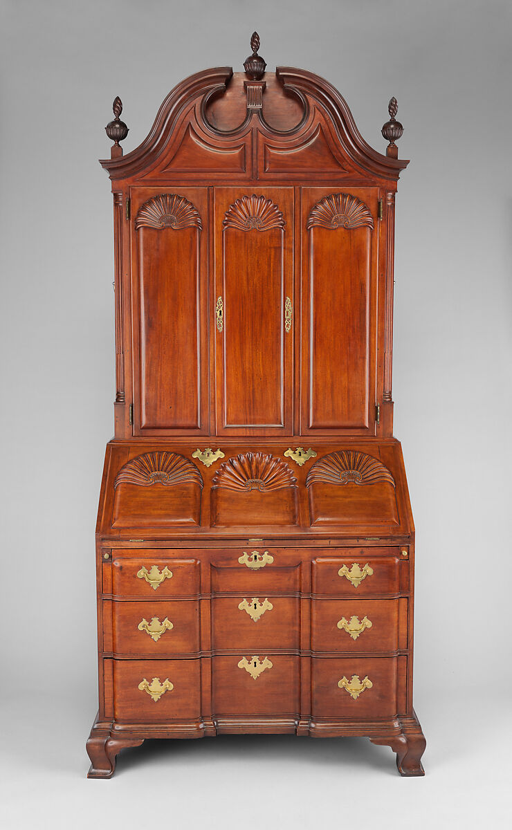 Desk and bookcase, Mahogany, chestnut, white pine, yellow pine, yellow poplar, cedar; brass, American