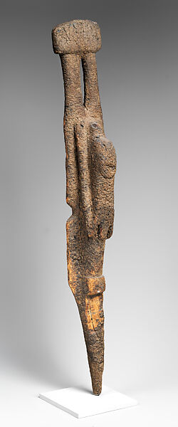 Double plank figure with raised arms, Tellem or Dogon blacksmith, Wood, applied organic materials, Dogon or Tellem  peoples (?)