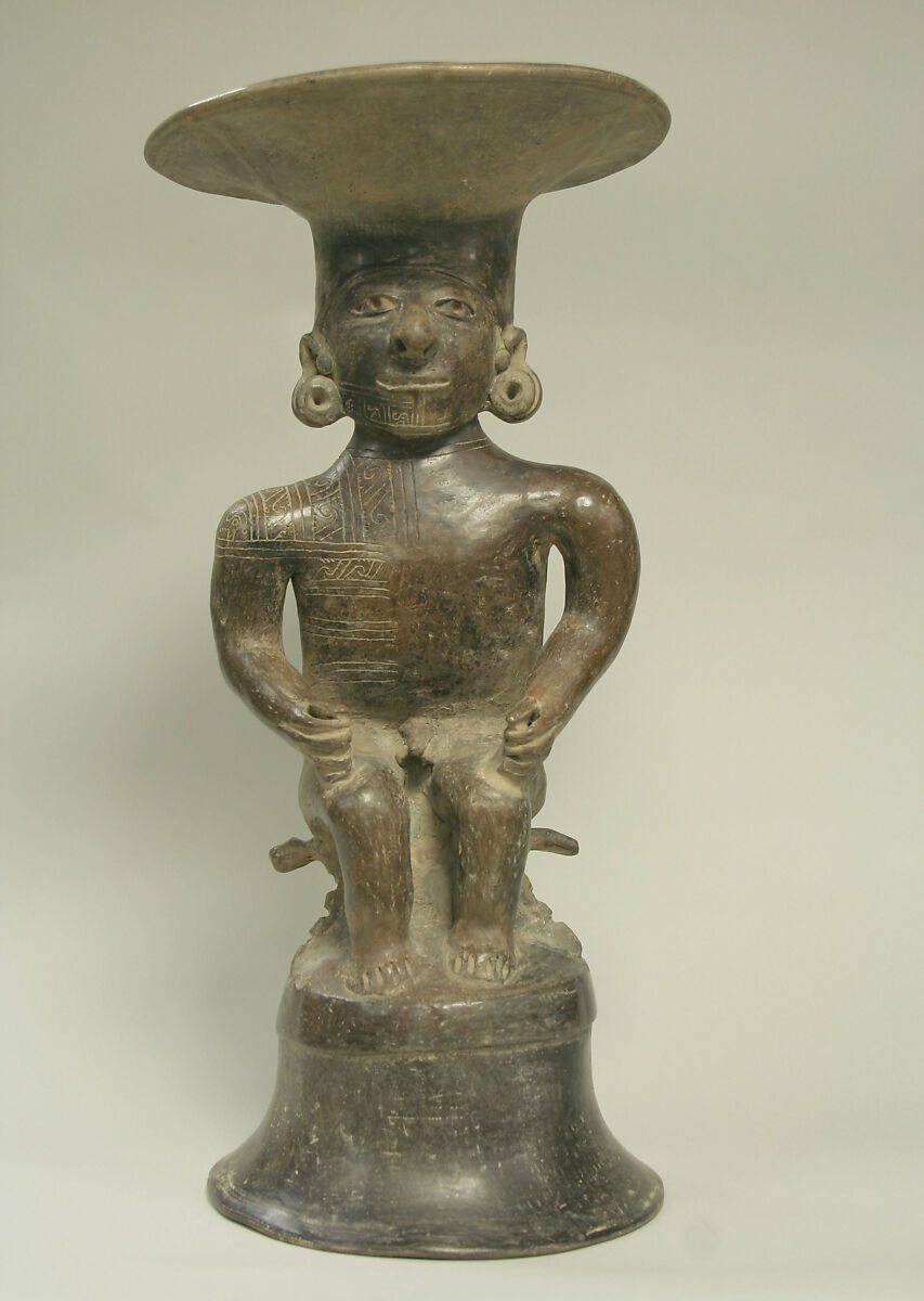 Ceramic Seated Male with Headdress, Ceramic, Manteño 