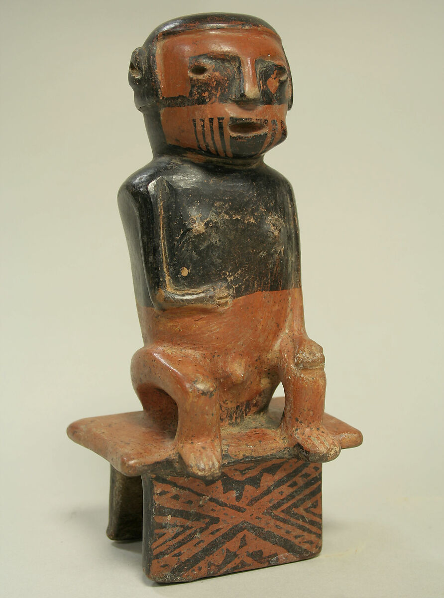 Coca chewer on bench, Capulí artist(s), Ceramic, slip, Capulí