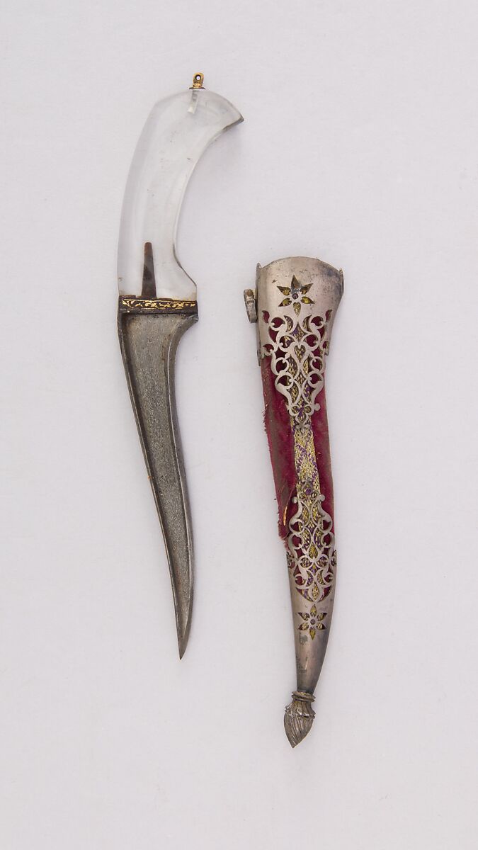 Dagger (Pesh-kabz) with Sheath, Steel, silver, rock crystal, velvet, wood, gold, Indian