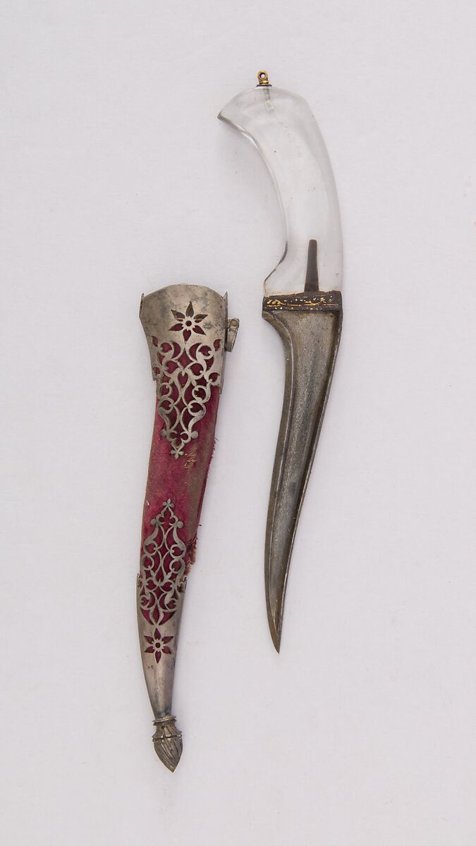 Dagger (Pesh-kabz) with Sheath, Steel, silver, rock crystal, velvet, wood, gold, Indian 