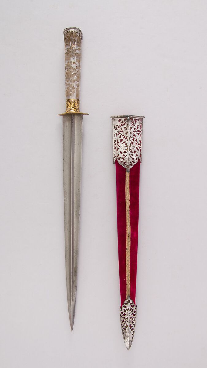 Dagger with Sheath, Steel, silver, rock crystal, velvet, wood, gold, Indian