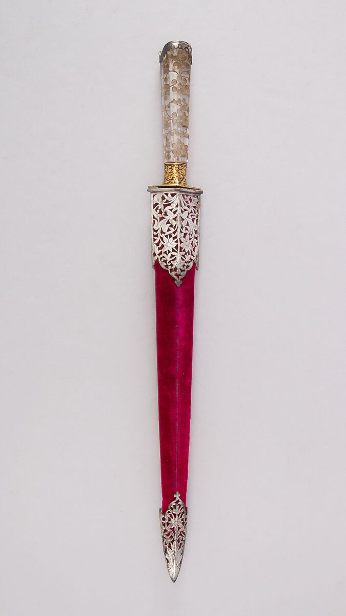 Dagger with Sheath, Steel, silver, rock crystal, velvet, wood, gold, Indian