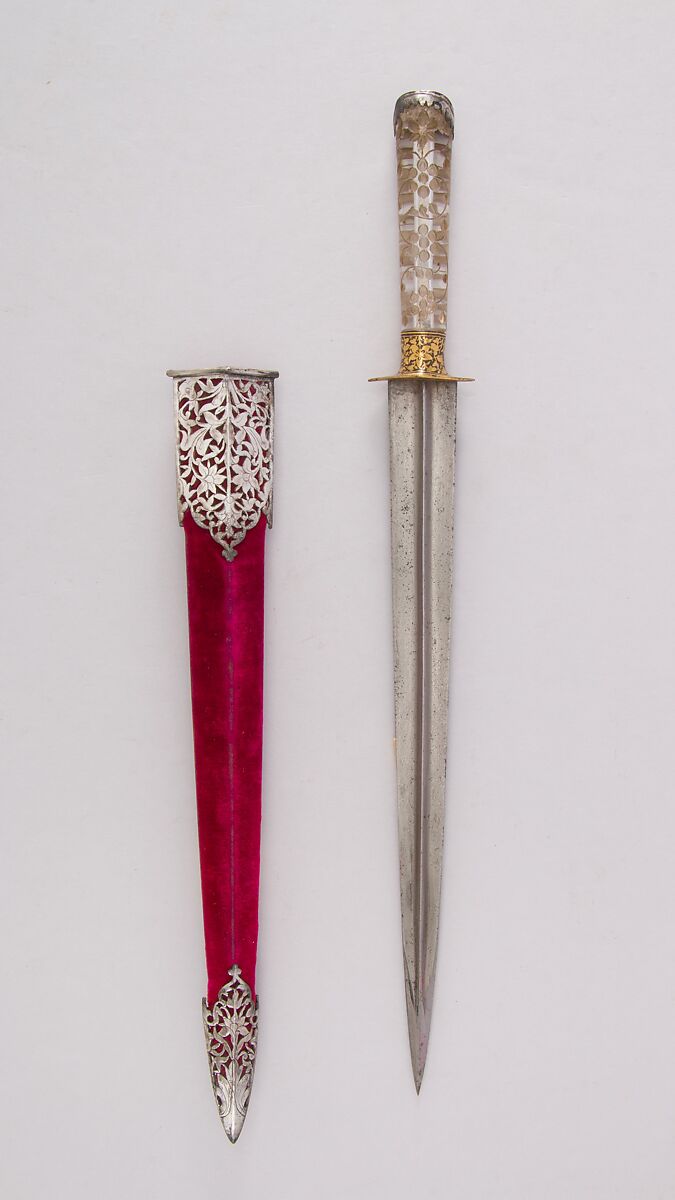 Dagger with Sheath, Steel, silver, rock crystal, velvet, wood, gold, Indian 