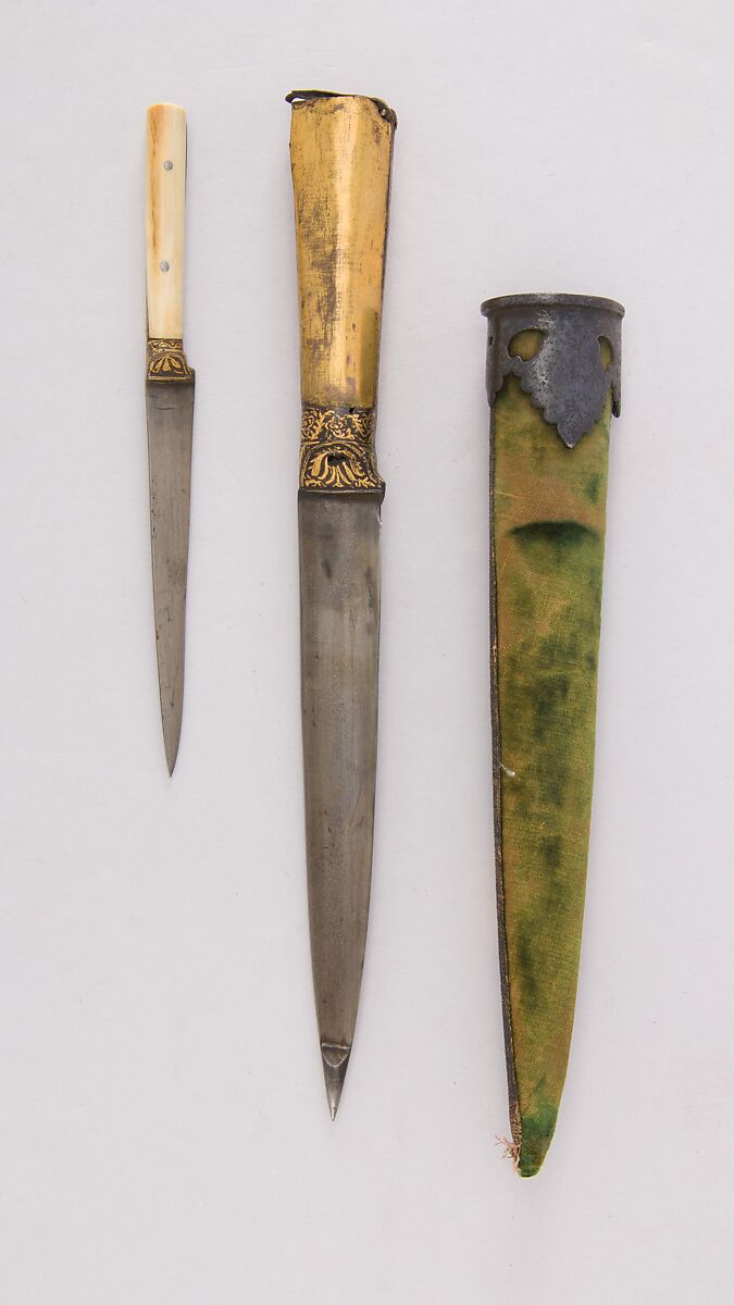 Two Knives with Sheath, Steel, copper, gold, iron, velvet, ivory (elephant), silver, Indian