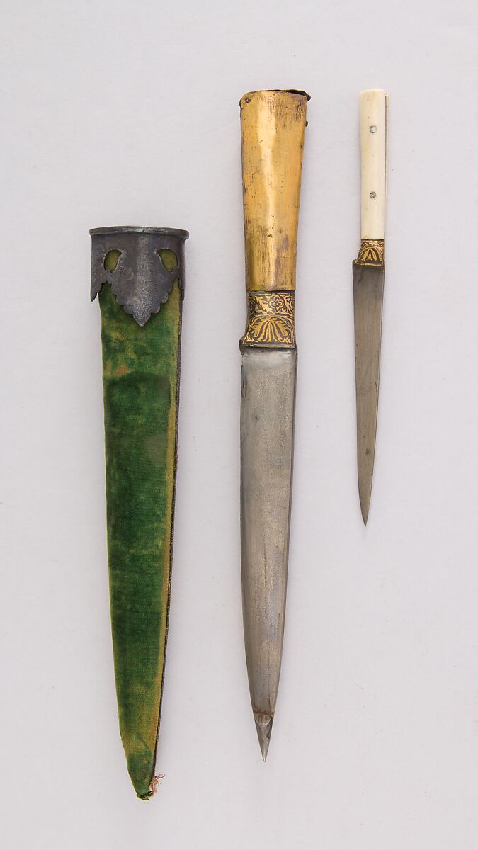 Two Knives with Sheath, Steel, copper, gold, iron, velvet, ivory (elephant), silver, Indian