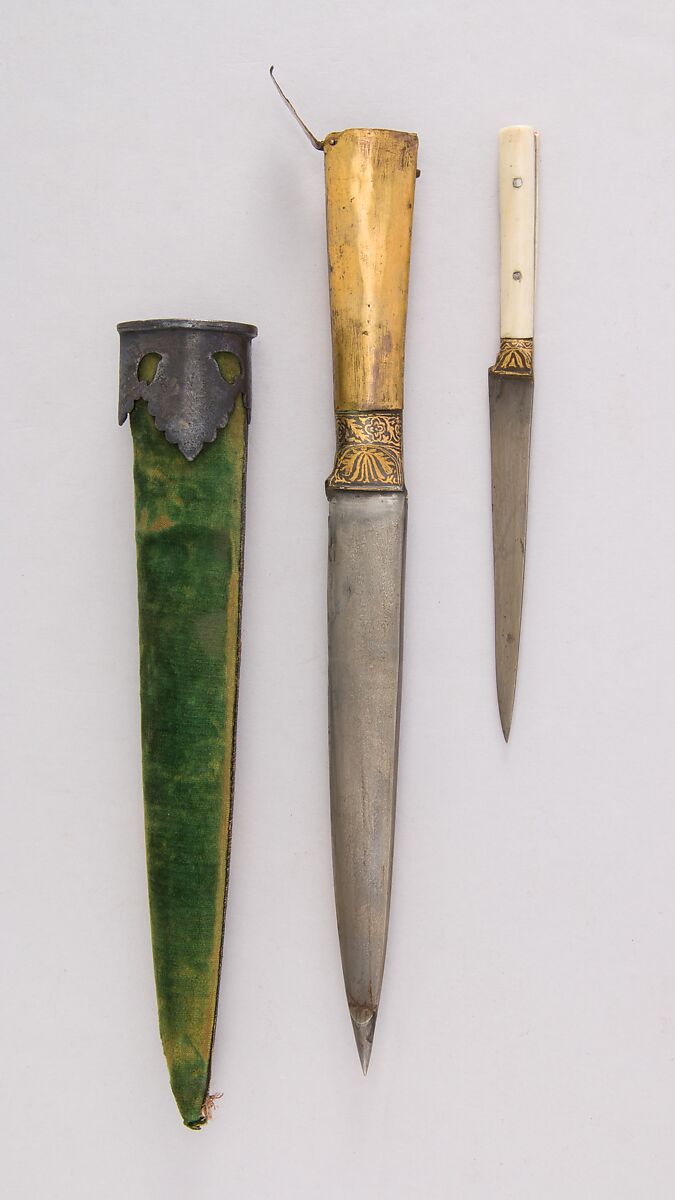 Two Knives with Sheath, Steel, copper, gold, iron, velvet, ivory (elephant), silver, Indian 