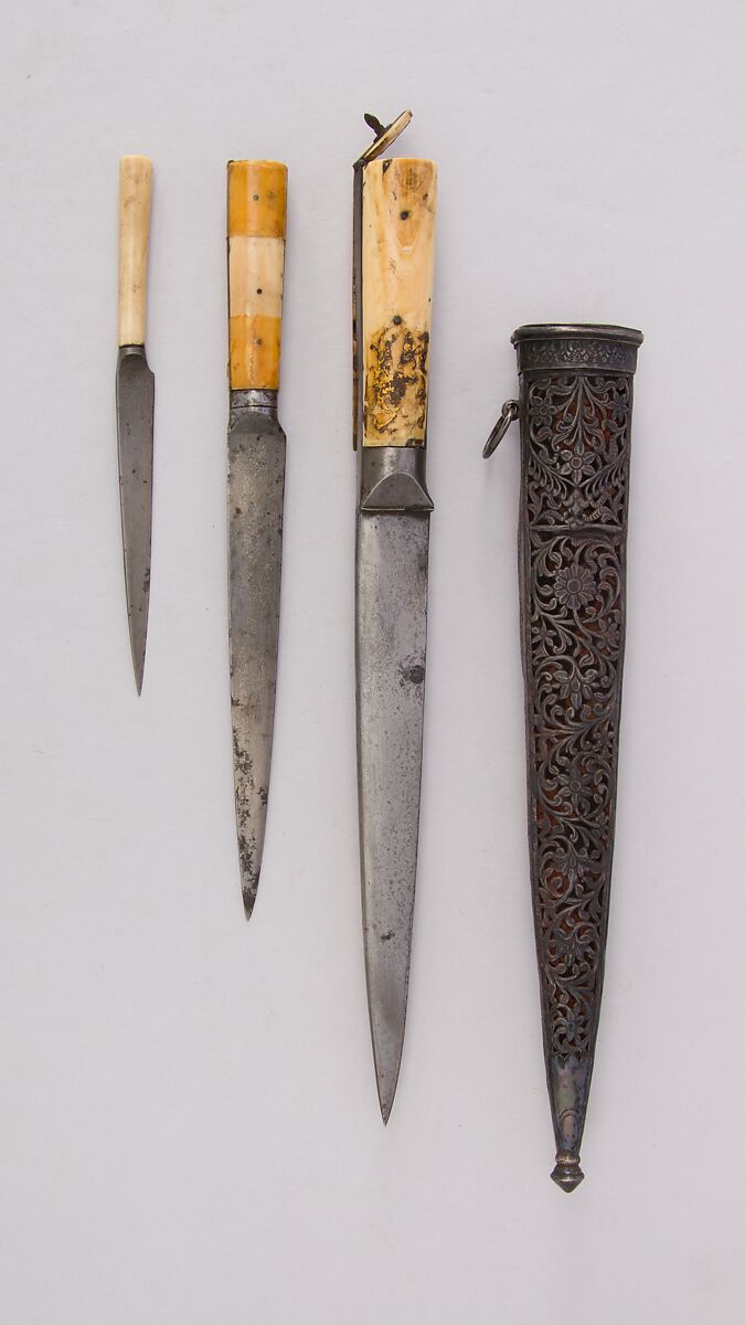 Three Knives with Sheath, Steel, ivory (elephant), silver, velvet, wood, Indian