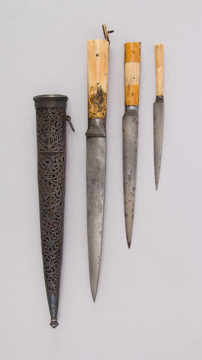 Three Knives with Sheath, Steel, ivory (elephant), silver, velvet, wood, Indian
